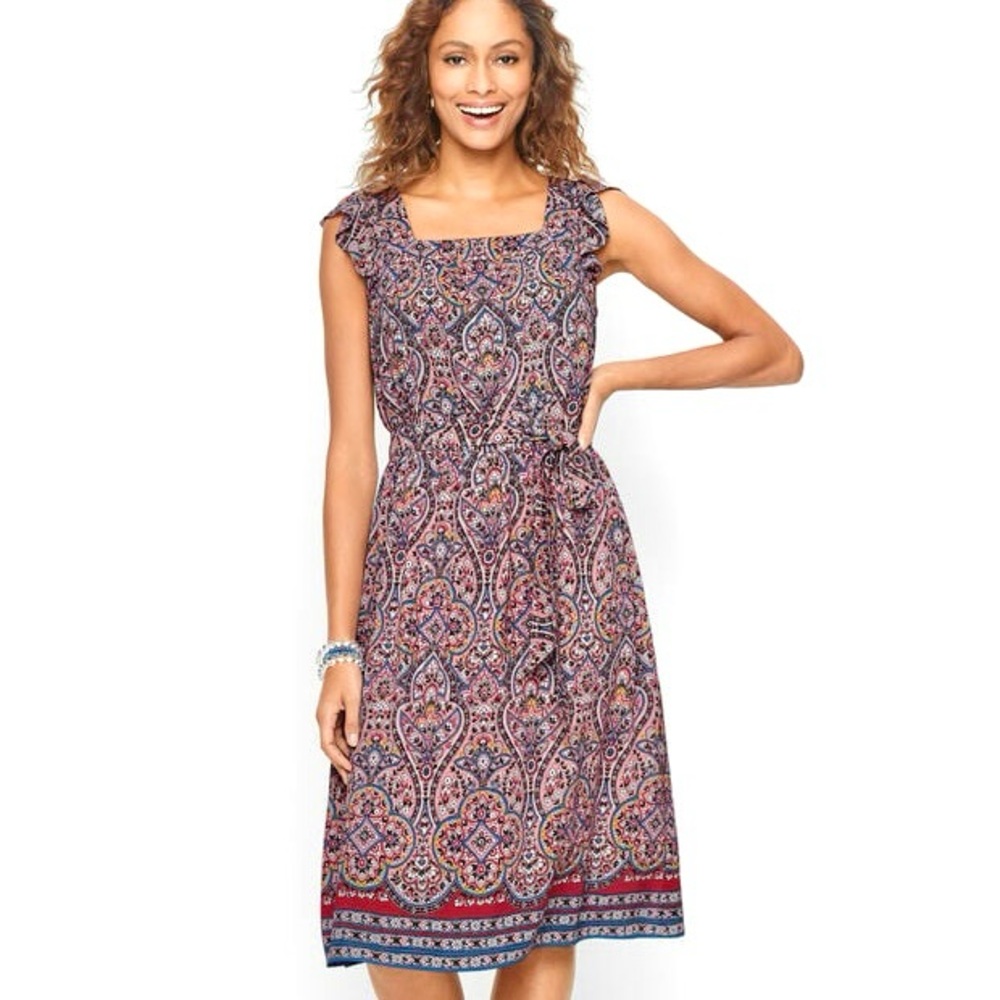 Talbots Square-Neck Majestic Medallion Dress Women’s Sz 16 Petite Flutter Sleeve